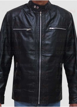 Men's slim fit black biker leather jacket